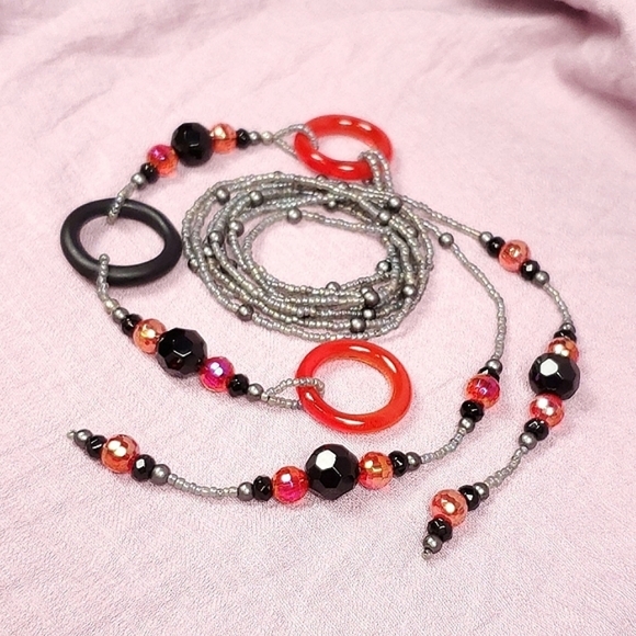 Beaded Lariat Necklace Red and Gray Beaded Choker Necklace Beaded Long Necklace - Picture 9 of 10
